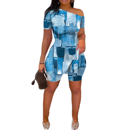 Print Two Piece Shorts Sets Women Skew Collar Short Sleeve Shirts Side Split Tops Pullover Elastic Waist Trousers Summer 2025 1