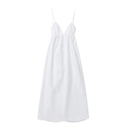 ZBZA Women's Backless Midi Dress Waistband V Neck Solid Pullover High Waisted Loose Fitting Camisole A-line Skirt New Chic Dress White
