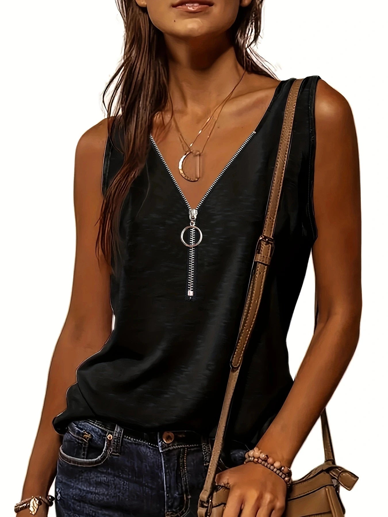 Versatile Women's V-Neck Half-Zip Tank Top - Casual All-Season Wear with Durable Stretch Fabric black