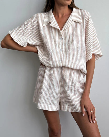 Hiloc Elegant Cotton Stripe Shorts Suits Pajamas Summer Short Sleeve Blouse With Elastic Waist Shorts 2 Piece Sets Home Outfits