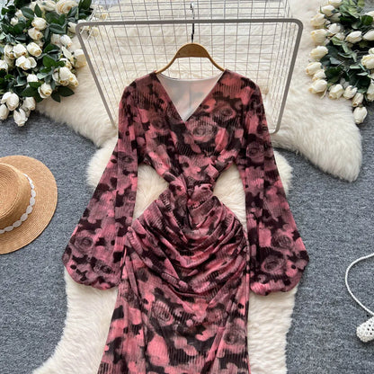 Chic vintage long sleeve Criss-Cross print pleated Elegant Fairy korean fashion dress women clothing Long dress