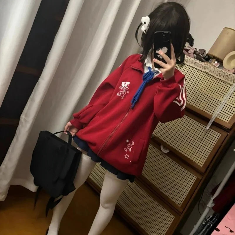 Black Cute Sweatshirts Coat Women's Clothing Stand Neck Zipper Jackets Y2k Tops Fashion Casual Hoodies Ropa Mujer Chic