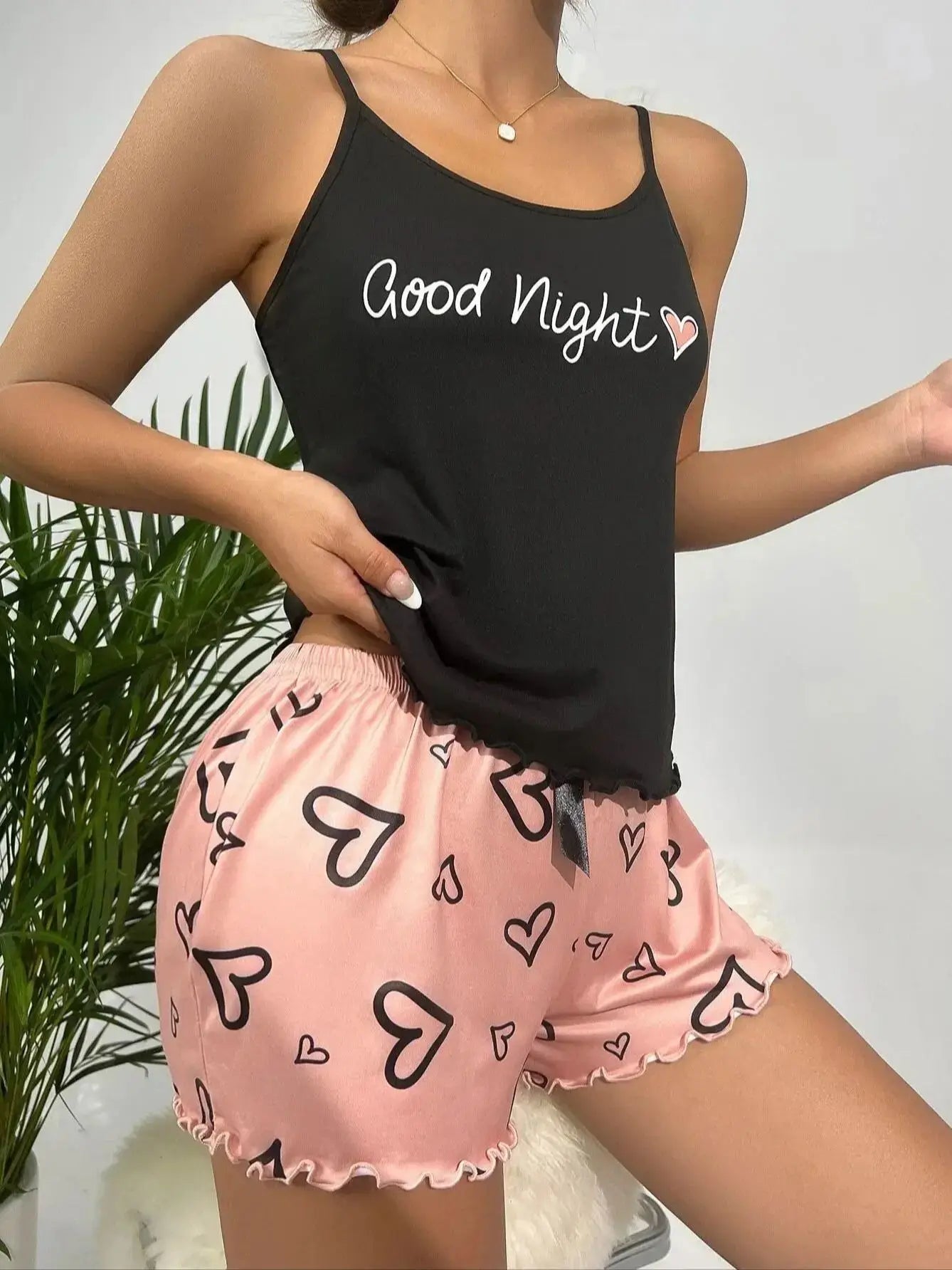 Women's pajamas new design a suspenders a pair of shorts two-piece pink pants black top love pattern cute elegant casual black