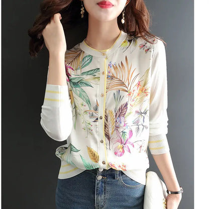 New Casual knitted cardigans Fashion patchwork shirts Basic T shirts elegant Tops WHITE