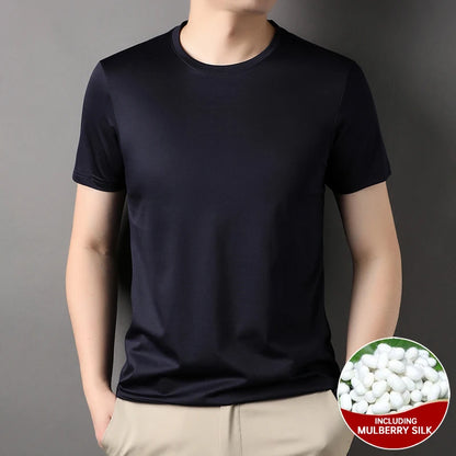 Top Grade 1.7% Mulberry Silk New Brand Tops Round Neck t Shirts For Men 2025 Summer Short Sleeve Casual Fashion Mens Clothing Navy Blue