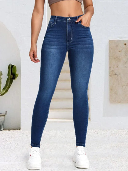 Blue fashionable cat whisker elastic tight fitting small leg jeans Blue