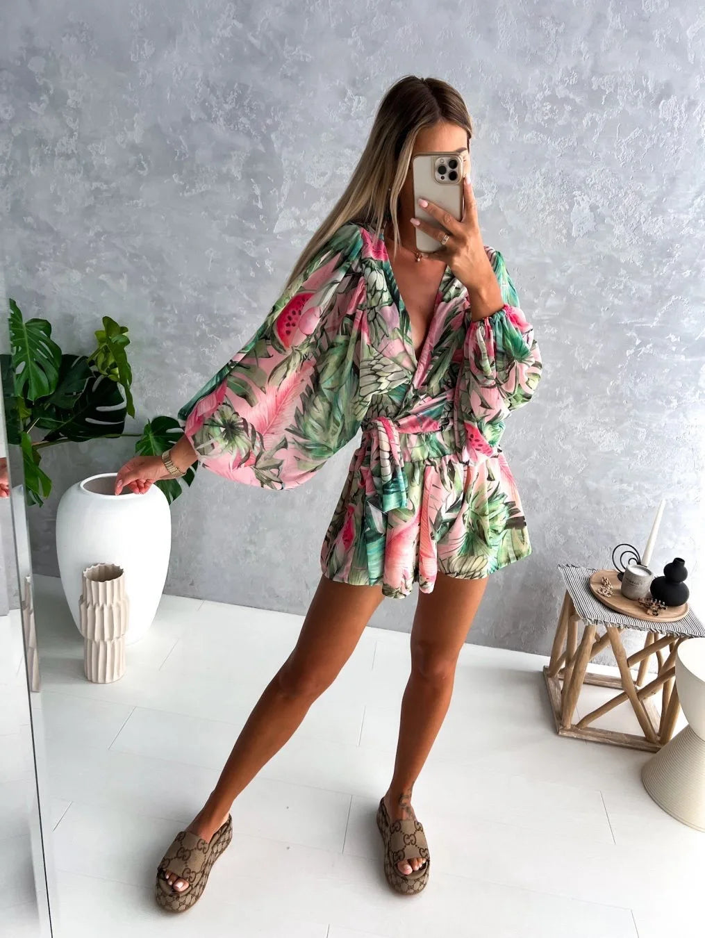 Sexy Deep V Neck Jumpsuit For Women Summer Casual Boho Beach Vacation Outfit Fashion Print Lantern Sleeve Rompers Shorts Women's
