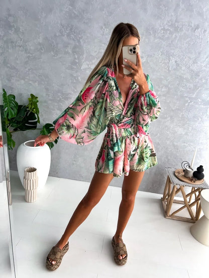 Sexy Deep V Neck Jumpsuit For Women Summer Casual Boho Beach Vacation Outfit Fashion Print Lantern Sleeve Rompers Shorts Women's