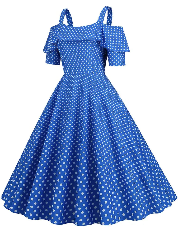 Off the Shoulder Elegant Vintage Party Dress Women Summer Polka Dot Ruffles A Line Midi Dresses Badiee Stylez