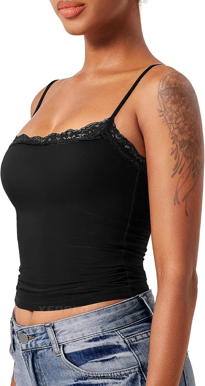 2025 Women Lace Tanks Top Spaghetti Strap Lace Square Neck Sleeveless Match Pants Soft Pullover Summer Camisole Women Clothes