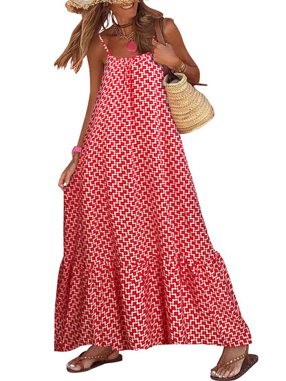 Women's Sleeveless Long Boho Dress Summer Loose Print Spaghetti Strap Flowy Dresses Bohemian Sundress Beachwear Party Coctail