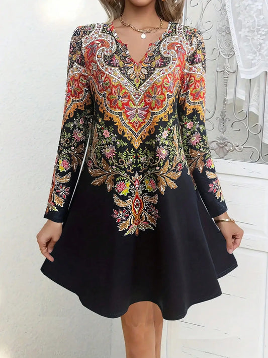 Women's casual retro style printed long sleeved dresses for women,fashion scallop women short dresses,spring outfits for women
