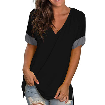 2024 Europe and the United States spring and summer cross-border new women's base shirt solid color V-neck short-sleeve stitchin black