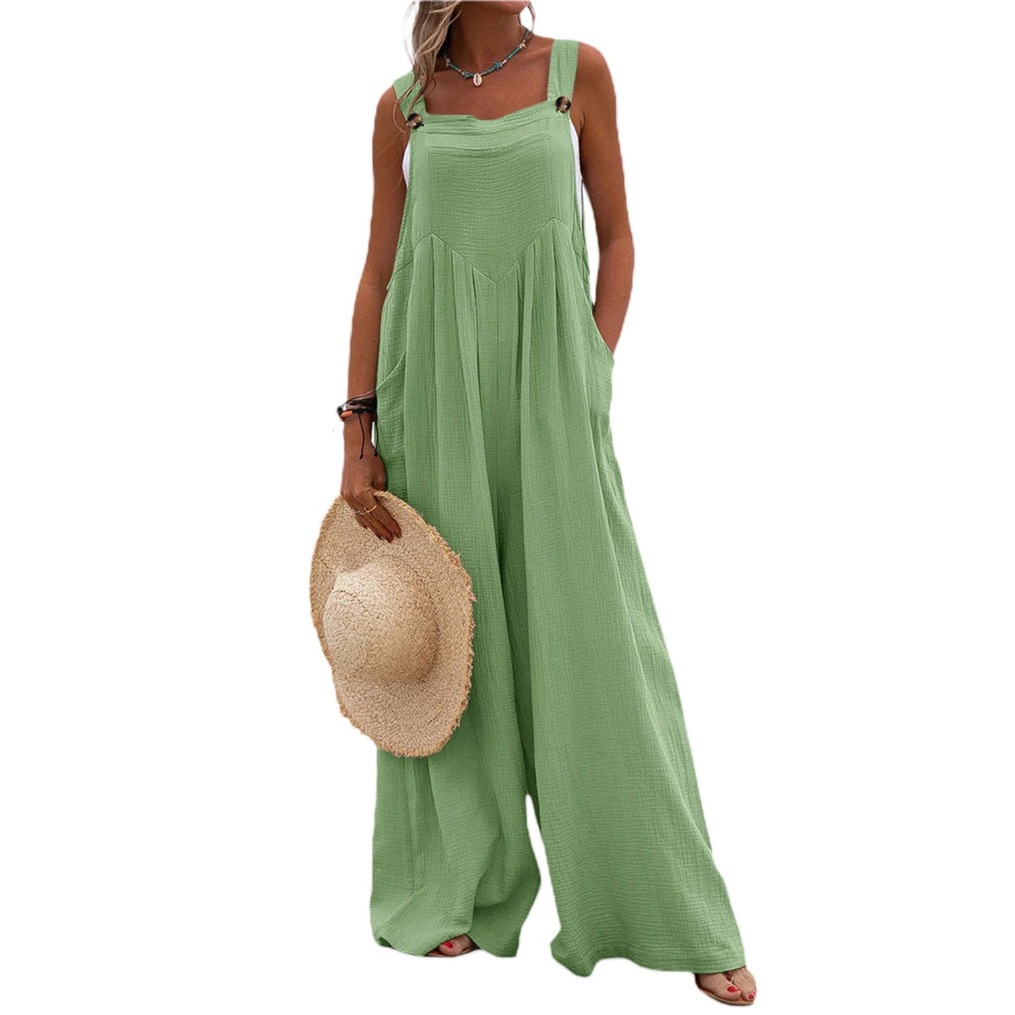 Overalls Women Summer Jumpsuit Outfits Plus Size Solid Color Casual Button Wide Leg Suspender Pants Overalls with Pockets green