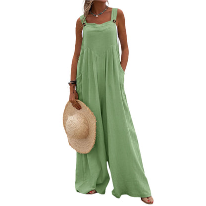 Overalls Women Summer Jumpsuit Outfits Plus Size Solid Color Casual Button Wide Leg Suspender Pants Overalls with Pockets green
