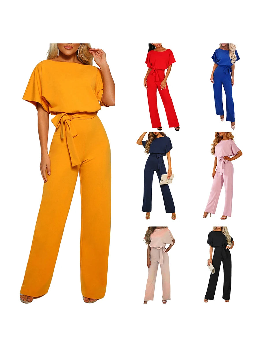 Women's clothing summer 2024 Jumpsuit, Elegant Short Sleeve Hollowed Waist Tie Solid Summer Wide Leg Pants Badiee Stylez