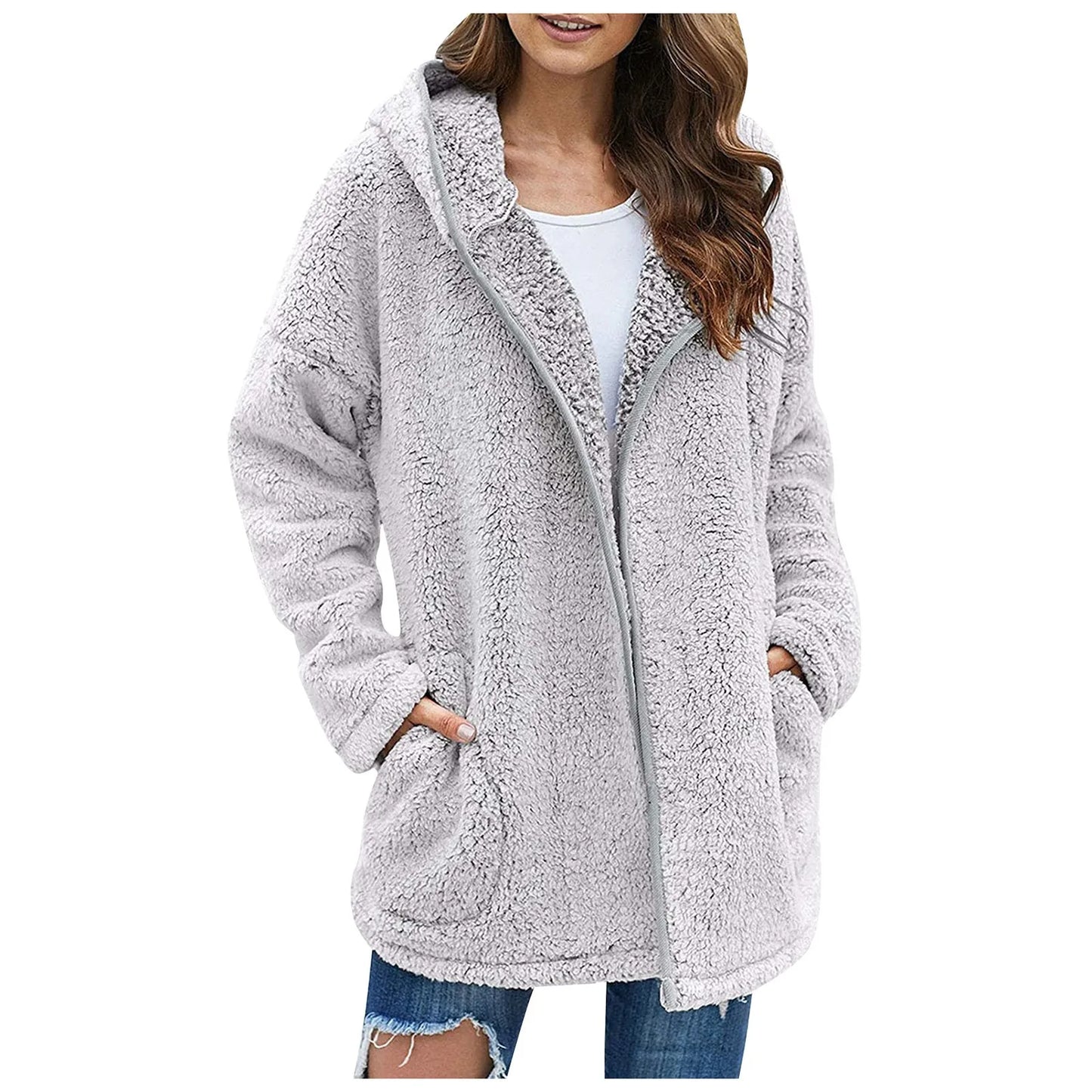 Autumn Winter Women Long Teddy Jacket Warm Thick Fleece Coat Turn Down Collar Plush Coat Woman Casual Long Sleeve Winter Clothes Light Gray
