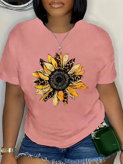 Plus Size Leopard Sunflower Graphic Tee Fashion Forward Plus Size Top With Unique Floral Leopard Print For Chic Summer Vibes Pink