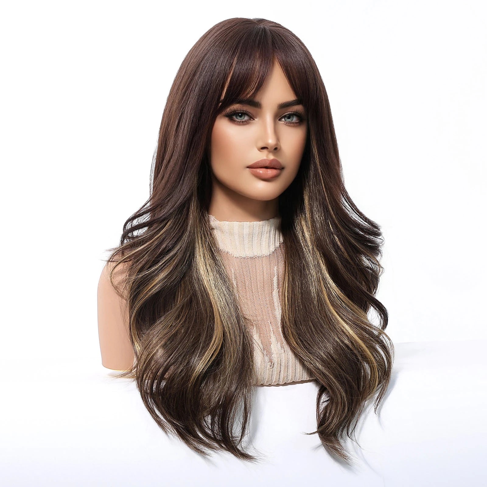 Brown Blonde Highlights Wigs Medium Length Wavy Synthetic Wig With Bangs Natural Body Wave Hair For Women Daily High Temperature