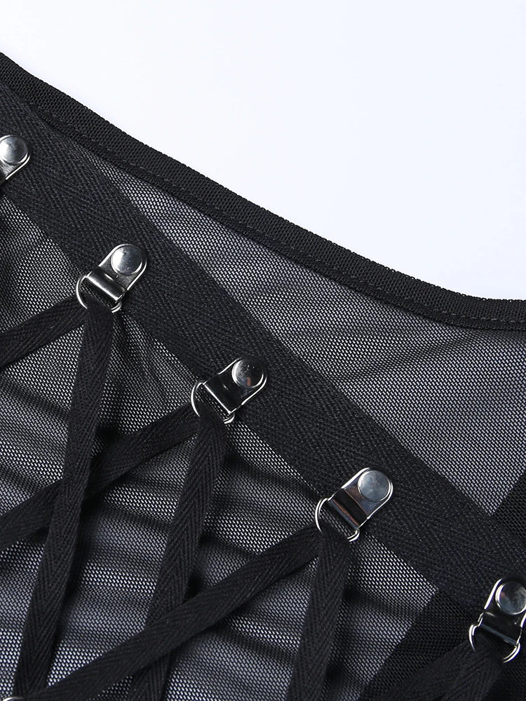 Gothic Punk Ring Halter Top Bodycon Lace Up Crop Bandage Tank Tops Y2k Mesh T Shirt Exotic Vest Sexy Hollow Out Backless Caims