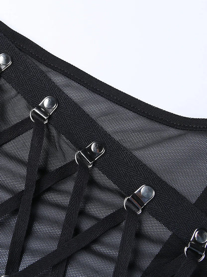 Gothic Punk Ring Halter Top Bodycon Lace Up Crop Bandage Tank Tops Y2k Mesh T Shirt Exotic Vest Sexy Hollow Out Backless Caims