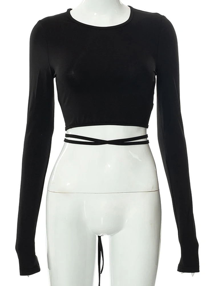 Sexy Backless Lace ups Pullover Tees Women Autumn Black O-neck Slim Longsleeve Short T-Shirt