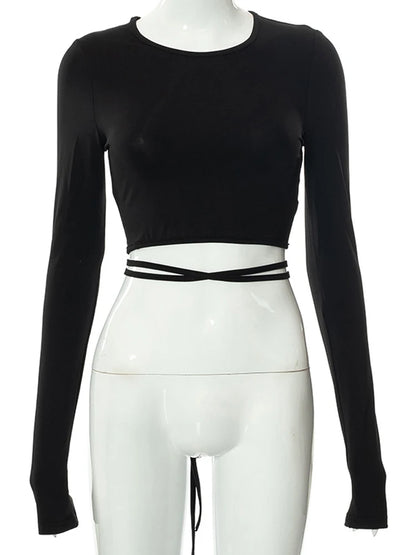 Sexy Backless Lace ups Pullover Tees Women Autumn Black O-neck Slim Longsleeve Short T-Shirt