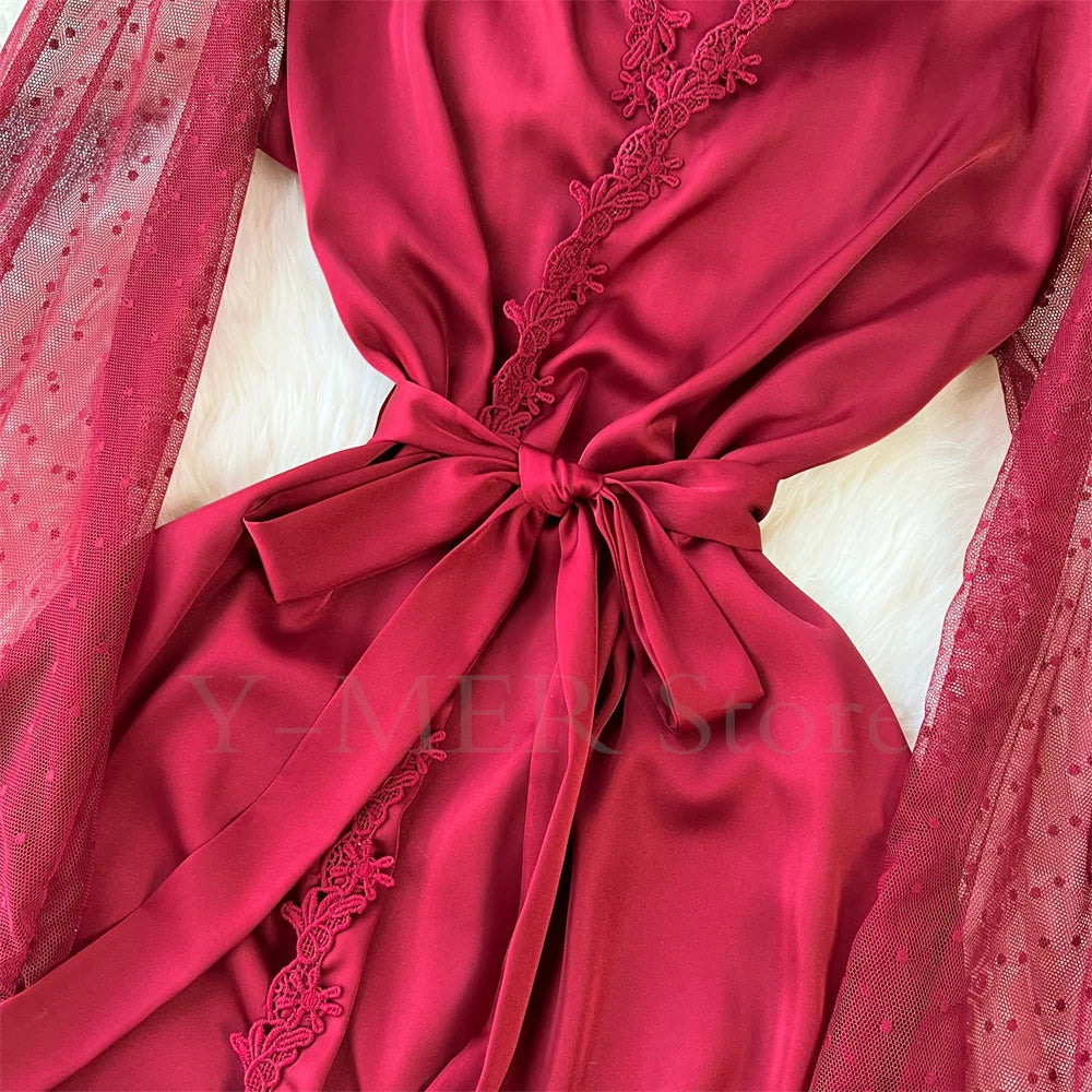 Sexy Embroider Edge Lady Kimono Bathrobe Dress Gown Mesh Sleeve Wedding Long Robe Sleepwear Loose Silk Satin Nightwear Lingerie