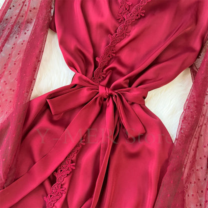 Sexy Embroider Edge Lady Kimono Bathrobe Dress Gown Mesh Sleeve Wedding Long Robe Sleepwear Loose Silk Satin Nightwear Lingerie