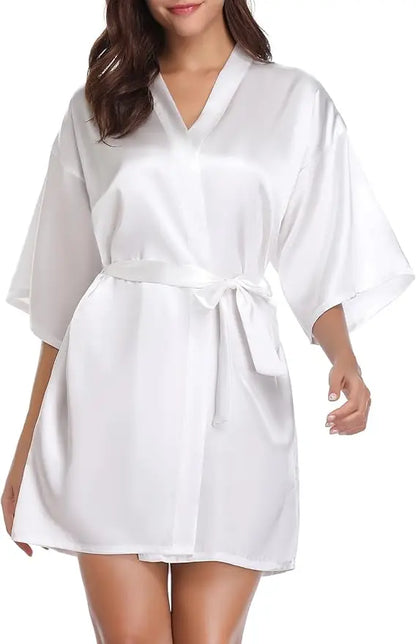 Womens Kimono Robes Dressing Gown Satin Bathrobe Nightdress Short Style Bridal Robe As the photo show 8