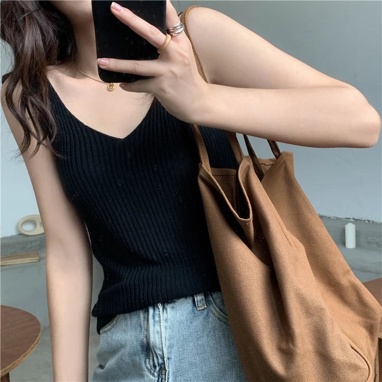 Solid Color Basic Women's Vest Tank Top Solid Color Knitted Tees Top Cropped Top Camisole Sweater V-neck Summer Sleeveless