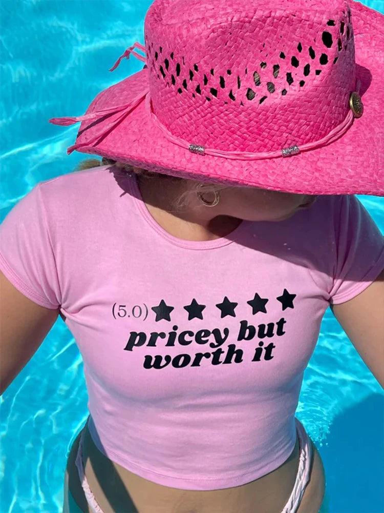 Y2K Aesthetics Cute Letter Print Basic Baby Tees 2000s Streetwear O-neck Short Sleeve T-shirt Summer White Crop Top Slim vintage Pink02