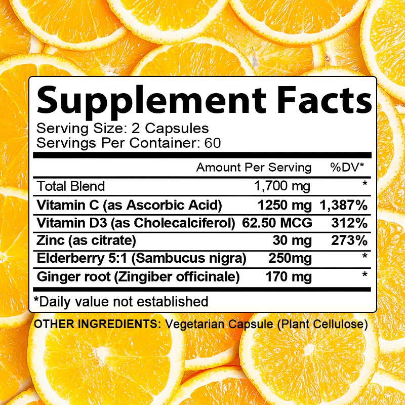 Vitamin C supplement, ascorbic acid, zinc and elderberry boost the immune system. Powerful Antioxidant, 120 Capsules ,