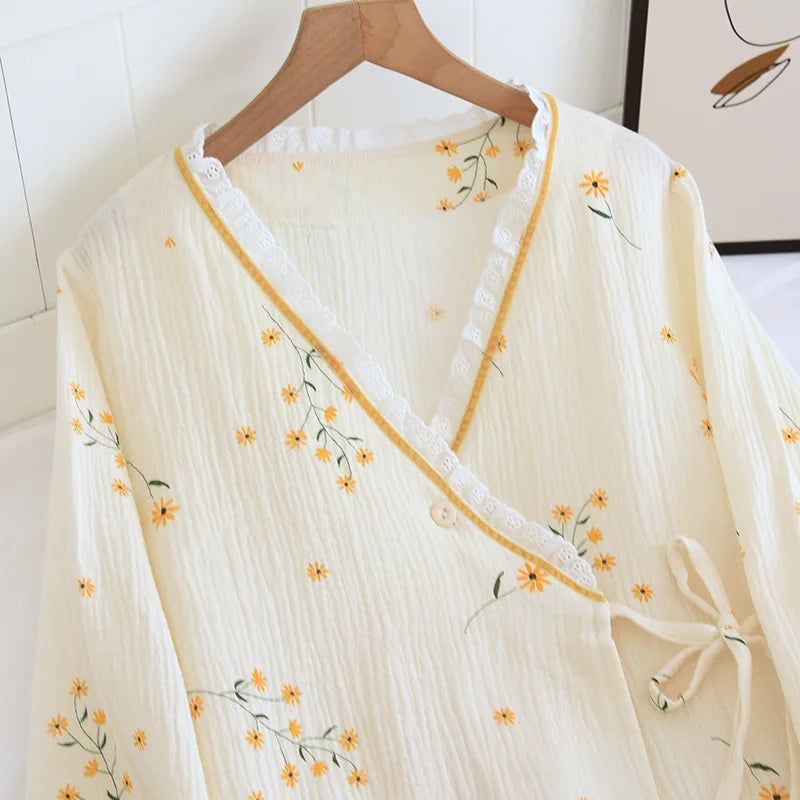 Fdfklak 2025 Spring Crepe Kimono Long Sleeve Home Clothes Female Sleepwear Gauze Cotton V-Neck Home Suit Women's Pajama