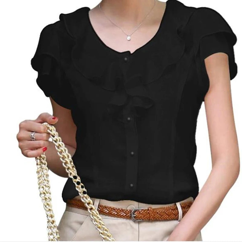 New Arrival 2024 Chiffon Short Sleeve Female Blouse Shirt Fashion Ruffles Ladies White Black Office Blouses Women Clothes