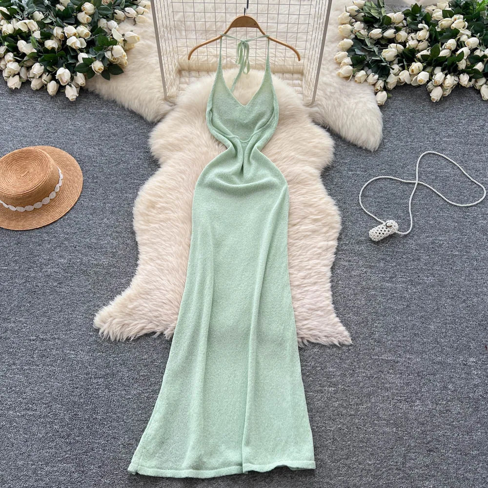 SINGREINY Halter 3D Floral Maxi Sundress Women Sleeveless Bodycon Elastic Beach Dress Vacation Knitted Split Sexy Long Dress