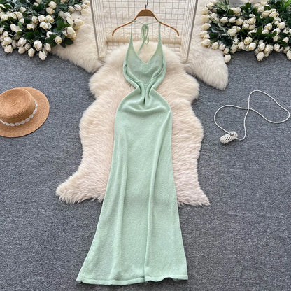 SINGREINY Halter 3D Floral Maxi Sundress Women Sleeveless Bodycon Elastic Beach Dress Vacation Knitted Split Sexy Long Dress