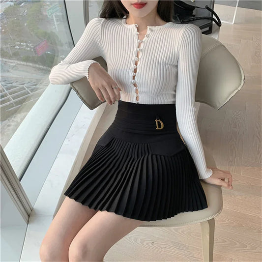 White Pleated Skirt Women High Waist Skater Skirt Female Korean A-Line High Fashion Casual Short Skirt Women Bottoms