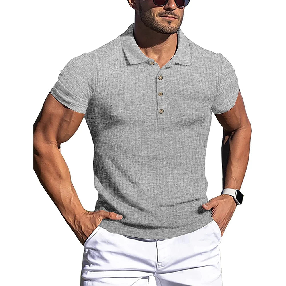Brand Name Stylish Summer Polo - Men's Elastic Short Sleeve with Bold Stripes and Stand Collar