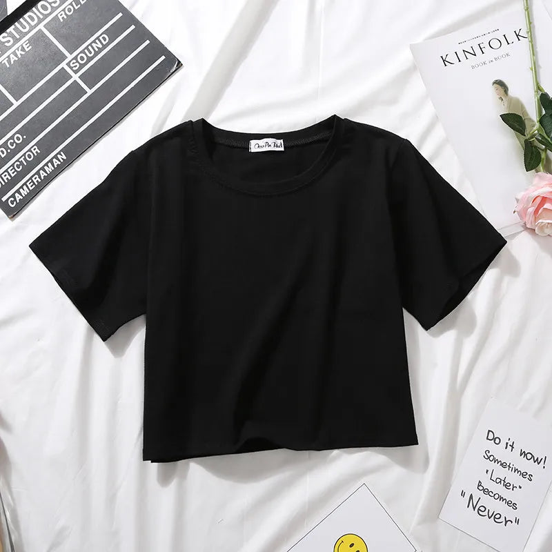Summer Short Sleeve T Shirts Women Cotton Solid T-shirt O Neck High Waist Crop Top Tee Female Casual Loose T Shirt Badiee Stylez