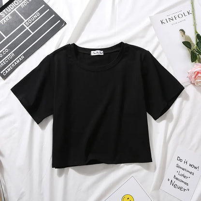 Summer Short Sleeve T Shirts Women Cotton Solid T-shirt O Neck High Waist Crop Top Tee Female Casual Loose T Shirt Badiee Stylez