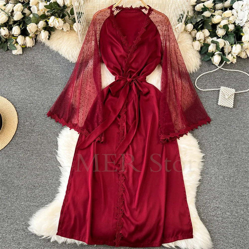 Sexy Embroider Edge Lady Kimono Bathrobe Dress Gown Mesh Sleeve Wedding Long Robe Sleepwear Loose Silk Satin Nightwear Lingerie Burgundy A