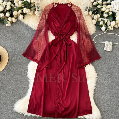 Sexy Embroider Edge Lady Kimono Bathrobe Dress Gown Mesh Sleeve Wedding Long Robe Sleepwear Loose Silk Satin Nightwear Lingerie Burgundy A