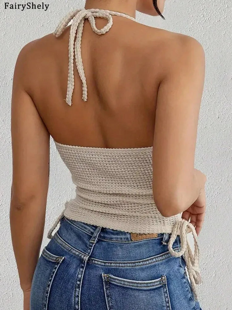 Fairyshely 2025 Sexy Female Sleeveless Bodycon Top Women Tied Halter Short Vest Summer Lady Backless Off Shoulder Clud Crop Tops