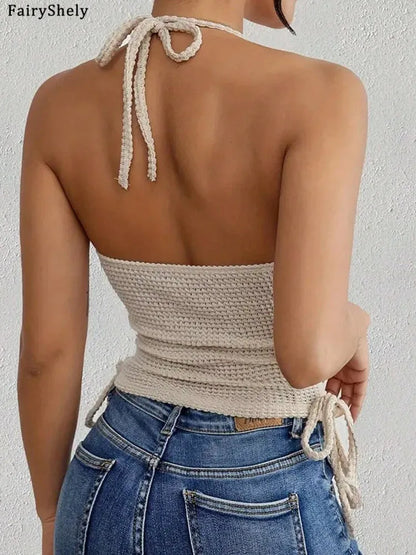 Fairyshely 2025 Sexy Female Sleeveless Bodycon Top Women Tied Halter Short Vest Summer Lady Backless Off Shoulder Clud Crop Tops