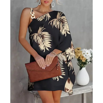 Summer Commuter Women's S-2XL size Dress One Line Diagonal Neck Off Shoulder Solid Color and PrintedMetal Strap Bat Sleeve Coconut leaves
