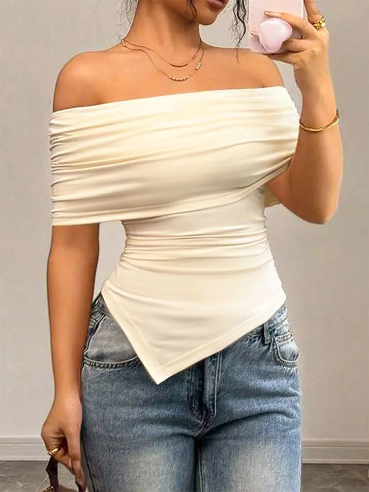 Women New T-shirt Summer Fashion Slash Neck Streetwear Casual Slim Versatile Tees Solid Sexy Off Shoulder Elegant Lady Clothing Ivory White