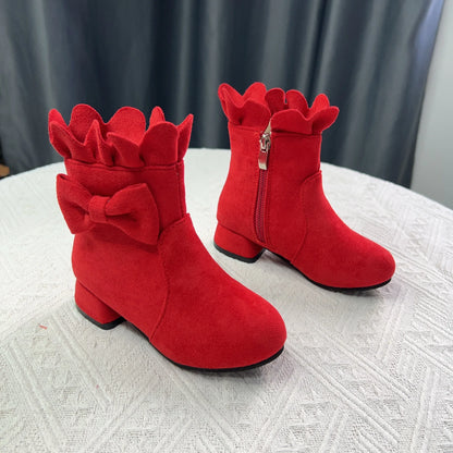 Spring Autumn Bow Girls Fashion Toddler Boots PU Leather Low Heel Kids Princess Boots Party Zip Children Ankle Baby Girl Shoes