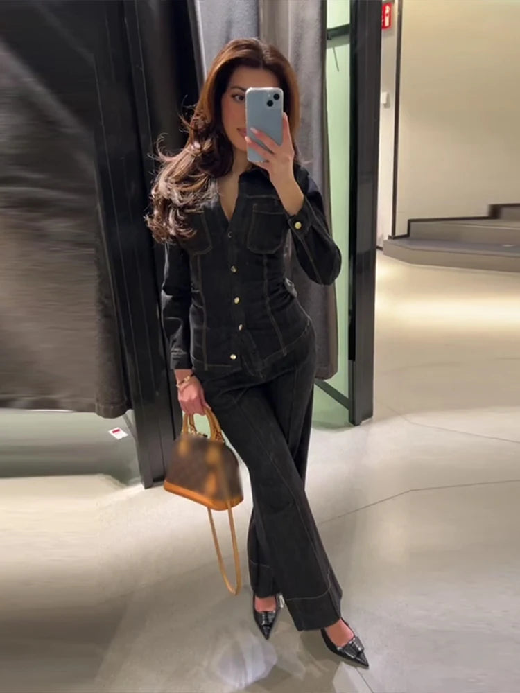 Street Vintage Denim Pants Sets Women Slim Long Sleeve Lapel Single Breasted Jacket Straight Trousers 2025 Autumn Lady Outfits