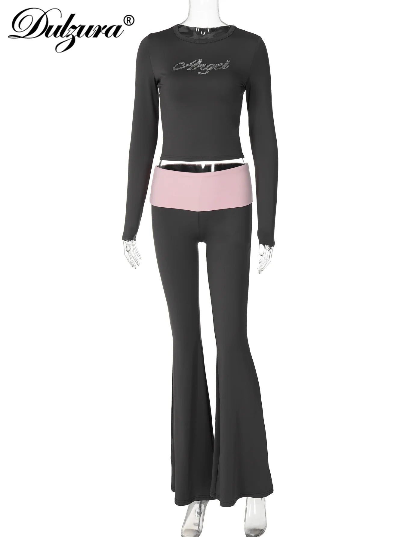 Dulzura Women’S Sexy Casual 2 Piece Pants Set Long Sleeve Letter Print Bodycon Crop Top And Flare Pants Matching Set Streetwear